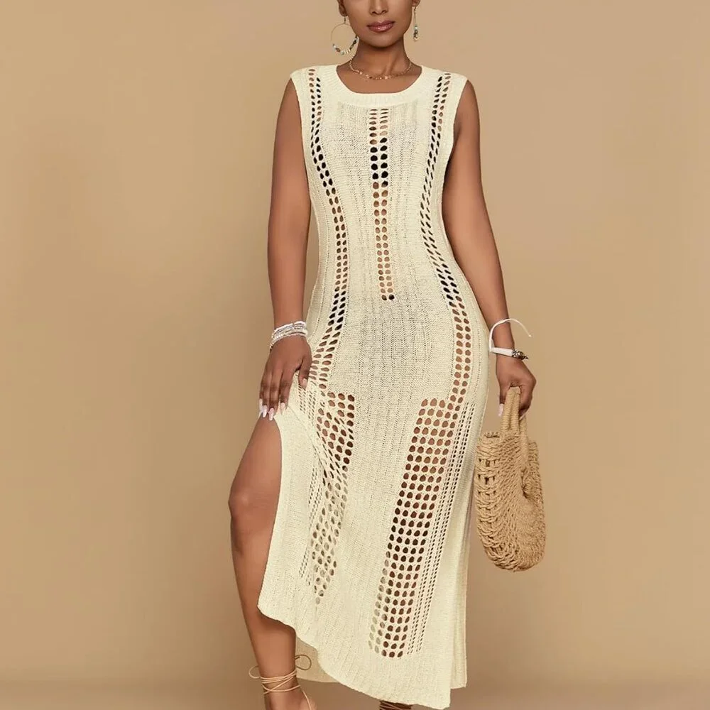 Women’s Crochet Beach Cover Up Sleeveless Summer Knit Swimwear Coverup - Picture 5 of 6